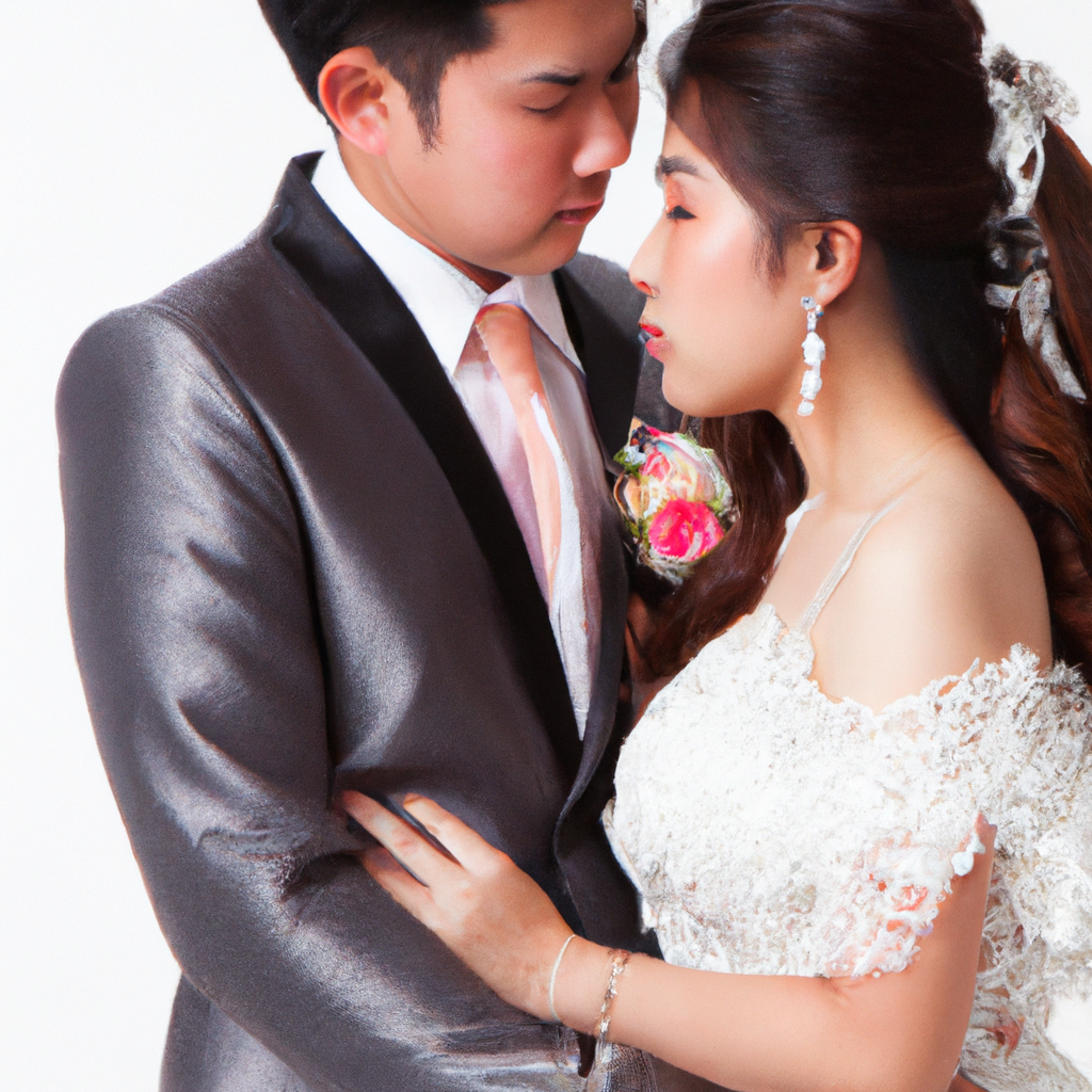 웨딩 미니멀 샘플, 흰 스튜디오에서 신랑신부의 라이트톤 클로즈업 포트레이트